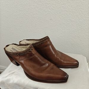 Lucchese Brown Cowhide Leather Kim Western Heeled Slip On Square Toe Mules 8B